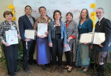 The winners of the second annual Peterborough Arts Awards in 2019 were Charlie Werger (Beth McMaster accepting on his behalf), Nimkii Osawamick, Beau Dixon and Patti Shaughnessy (Lisa Dixon accepting on Beau's behalf), Alice Williams, Hilary Wear, and Ryan Kerr. After a five-year hiatus due to the pandemic, the Electric City Culture Council (EC3) announced the return of the awards in November 2024, with the winners celebrated at a reception on June 12, 2025 at the Canadian Canoe Museum. (Photo: Bianca Nucaro-Viteri for kawarthaNOW)