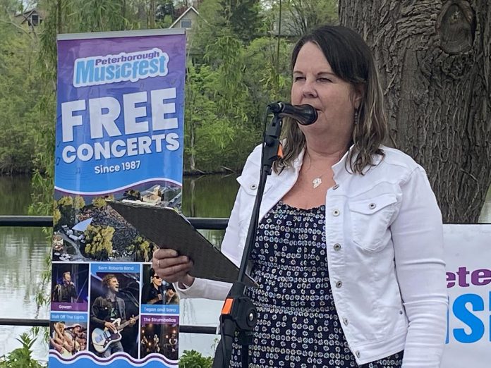 Peterborough Musicfest executive director Tracey Randall speaks during the 38th season lineup reveal at The Silver Bean Café in Millennium Park on May 15, 2025. (Photo: Paul Rellnger / kawarthaNOW)