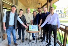 The 2025 winners of the Rotary Club of Peterborough's Rotary Environmental Innovators Fund (REIF) awards celebrate at the McDonnel Street Activity Centre on May 26, 2025: Norm Lamothe of Woodleigh Farms, Hayley Goodchild of Peterborough GreenUp, Steve Paul of Second Nature Studio, Anna Lee and Elliott Groen of Kawartha Land Trust with Justin Sutton of the Community Foundation of Greater Peterborough (on behalf of Kieran Andrews of Wild Rock Outfitters), and Eduard Yonathan of SanoStrategy Corporation. (Photo courtesy of Rotary Club of Peterborough)