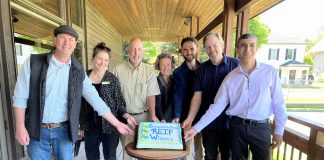 The 2025 winners of the Rotary Club of Peterborough's Rotary Environmental Innovators Fund (REIF) awards celebrate at the McDonnel Street Activity Centre on May 26, 2025: Norm Lamothe of Woodleigh Farms, Hayley Goodchild of Peterborough GreenUp, Steve Paul of Second Nature Studio, Anna Lee and Elliott Groen of Kawartha Land Trust with Justin Sutton of the Community Foundation of Greater Peterborough (on behalf of Kieran Andrews of Wild Rock Outfitters), and Eduard Yonathan of SanoStrategy Corporation. (Photo courtesy of Rotary Club of Peterborough)