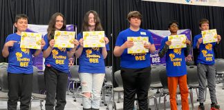 The winners of the Rotary Club of Peterborough's 11th annual spelling bee on May 3, 2025 at Whetung Theatre at Fleming College were, in the junior division (grades 4 to 8), Kieran Scerri (2nd), Verna Conlin-Hanley (1st), and Olivia Best (3rd) and, in the intermediate division (grades 7 and 8), Tyler Phillips (2nd), Shreyas Balakrishnan (3rd), and Henry Sharpe (1st). (Photos courtesy of Rotary Club of Peterborough)