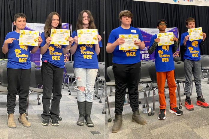 The winners of the Rotary Club of Peterborough's 11th annual spelling bee on May 3, 2025 at Whetung Theatre at Fleming College were, in the junior division (grades 4 to 8), Kieran Scerri (2nd), Verna Conlin-Hanley (1st), and Olivia Best (3rd) and, in the intermediate division (grades 7 and 8), Tyler Phillips (2nd), Shreyas Balakrishnan (3rd), and Henry Sharpe (1st). (Photos courtesy of Rotary Club of Peterborough) The winners of the Rotary Club of Peterborough's 11th annual spelling bee on May 3, 2025 at Whetung Theatre at Fleming College were, in the junior division (grades 4 to 8), Kieran Scerri (2nd), Verna Conlin-Hanley (1st), and Olivia Best (3rd) and, in the intermediate division (grades 7 and 8), Tyler Phillips (2nd), Shreyas Balakrishnan (3rd), and Henry Sharpe (1st). (Photos courtesy of Rotary Club of Peterborough)