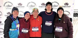 Peterborough Regional Health Centre emergency physician Dr. Terry May (centre) and his wife Chris Ferguson (far left) and their children participating in a five-kilometre run in December 2024. (Photo courtesy of the May Family)