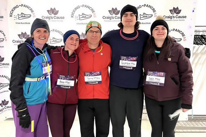 Peterborough Regional Health Centre emergency physician Dr. Terry May (centre) and his wife Chris Ferguson (far left) and their children participating in a five-kilometre run in December 2024. (Photo courtesy of the May Family) Peterborough Regional Health Centre emergency physician Dr. Terry May (centre) and his wife Chris Ferguson (far left) and their children participating in a five-kilometre run in December 2024. (Photo courtesy of the May Family)