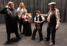 Trent Valley Archives Theatre's play "Crossing Over" is a fictionalized account of the cross-Atlantic journey of the John Barry, one of the nine emigrant transport ships that brough over 2,000 Irish settlers to the Peterborough region 200 years ago. In this scene from a play rehearsal, John Keleher (Hugh Foley, right) brings petty thief Tim Ryan (Kaza Hesselink, second from right) to the ship's surgeon and superintendent William Burnie (Ashley Parker, left) for shipboard justice as Mr. and Mrs. Hagarty (Lucas Pronk and Cathy Brand) look on with worry, as they have secrets of their own to keep. (Photo courtesy of Trent Valley Archives Theatre)