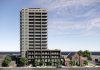 A rendering of a 17-storey residential-commercial development that TVM Mark Street Inc. is proposing be built beside Mark Street United Church in Peterborough's East City. The original proposal presented in 2024 was for a 10-storey building. (Image via City of Peterborough website)