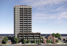 A rendering of a 17-storey residential-commercial development that TVM Mark Street Inc. is proposing be built beside Mark Street United Church in Peterborough's East City. The original proposal presented in 2024 was for a 10-storey building. (Image via City of Peterborough website)