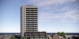 A rendering of a 17-storey residential-commercial development that TVM Mark Street Inc. is proposing be built beside Mark Street United Church in Peterborough's East City. The original proposal presented in 2024 was for a 10-storey building. (Image via City of Peterborough website)