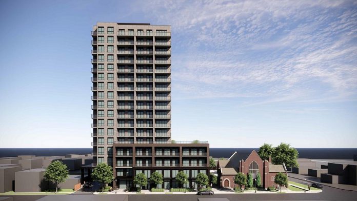 A rendering of a 17-storey residential-commercial development that TVM Mark Street Inc. is proposing be built beside Mark Street United Church in Peterborough's East City. The original proposal presented in 2024 was for a 10-storey building. (Image via City of Peterborough website) A rendering of a 17-storey residential-commercial development that TVM Mark Street Inc. is proposing be built beside Mark Street United Church in Peterborough's East City. The original proposal presented in 2024 was for a 10-storey building. (Image via City of Peterborough website)