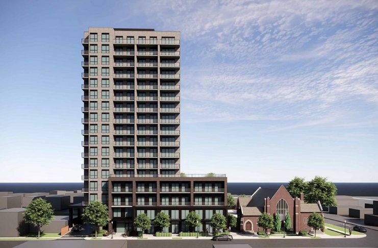 A rendering of a 17-storey residential-commercial development that TVM Mark Street Inc. is proposing be built beside Mark Street United Church in Peterborough's East City. The original proposal presented in 2024 was for a 10-storey building. (Image via City of Peterborough website)