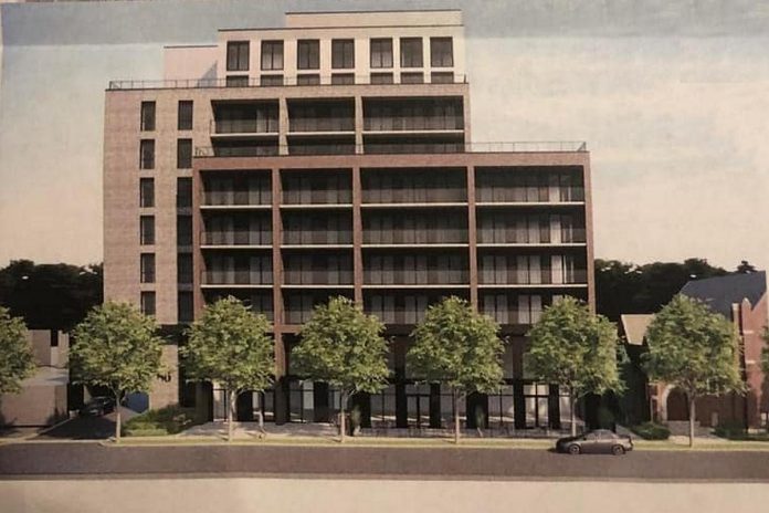 A rendering of the originally proposed 10-storey residential-commercial development beside Mark Street United Church in Peterborough's East City, which was presented to area residents during an open house in June 2024. (Facebook photo)