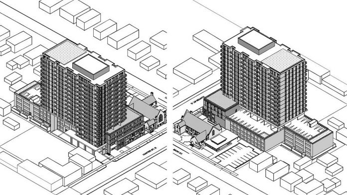 Renderings of a 17-storey residential-commercial development that TVM Mark Street Inc. is proposing be built beside Mark Street United Church in Peterborough's East City. (Image via City of Peterborough website)