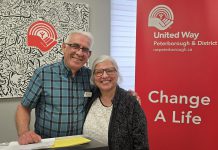 Longtime journalist and community supporter and volunteer Paul Rellinger, pictured with his wife of 44 years Mary, during the United Way Peterborough & District's announcement on May 21, 2025 of Rellinger's appointment as chair of the United Way's 2025 community campaign. (Photo: Jeannine Taylor / kawarthaNOW)