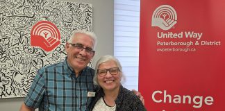 Longtime journalist and community supporter and volunteer Paul Rellinger, pictured with his wife of 44 years Mary, during the United Way Peterborough & District's announcement on May 21, 2025 of Rellinger's appointment as chair of the United Way's 2025 community campaign. (Photo: Jeannine Taylor / kawarthaNOW)