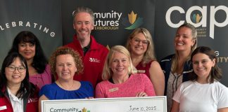 Community Futures Peterborough has announced the 10 recipients of the 2025 Community Advancement Program (CAP), a non-repayable funding program that supports projects that foster economic stability, investment, and employment across the city of Peterborough and Peterborough County. Pictured left to right, front and back, are Michelle Nguyen of the New Canadians Centre, Carrie Truman of Kawartha-Haliburton Children's Foundation, Sarah Budd of Peterborough County, Abigail Keenan of Community Futures Peterborough, Ria Nicholson of Junior Achievement Northern and Eastern Ontario, Andy Cragg of New Canadians Centre, Lindy Finlan of 4th Line Theatre, and Devon Girard of Community Futures Peterborough. (Photo: Community Futures Peterborough)