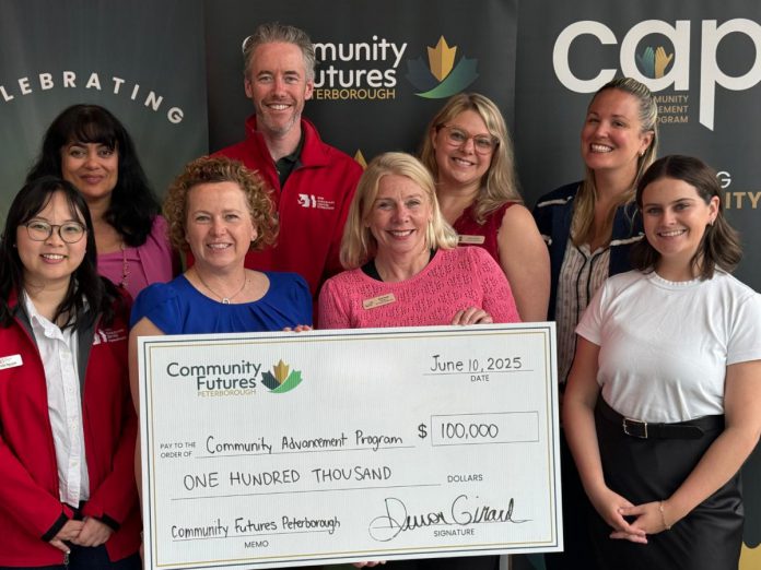 Community Futures Peterborough has announced the 10 recipients of the 2025 Community Advancement Program (CAP), a non-repayable funding program that supports projects that foster economic stability, investment, and employment across the city of Peterborough and Peterborough County. Pictured left to right, front and back, are Michelle Nguyen of the New Canadians Centre, Carrie Truman of Kawartha-Haliburton Children's Foundation, Sarah Budd of Peterborough County, Abigail Keenan of Community Futures Peterborough, Ria Nicholson of Junior Achievement Northern and Eastern Ontario, Andy Cragg of New Canadians Centre, Lindy Finlan of 4th Line Theatre, and Devon Girard of Community Futures Peterborough. (Photo: Community Futures Peterborough) Community Futures Peterborough has announced the 10 recipients of the 2025 Community Advancement Program (CAP), a non-repayable funding program that supports projects that foster economic stability, investment, and employment across the city of Peterborough and Peterborough County. Pictured left to right, front and back, are Michelle Nguyen of the New Canadians Centre, Carrie Truman of Kawartha-Haliburton Children's Foundation, Sarah Budd of Peterborough County, Abigail Keenan of Community Futures Peterborough, Ria Nicholson of Junior Achievement Northern and Eastern Ontario, Andy Cragg of New Canadians Centre, Lindy Finlan of 4th Line Theatre, and Devon Girard of Community Futures Peterborough. (Photo: Community Futures Peterborough)