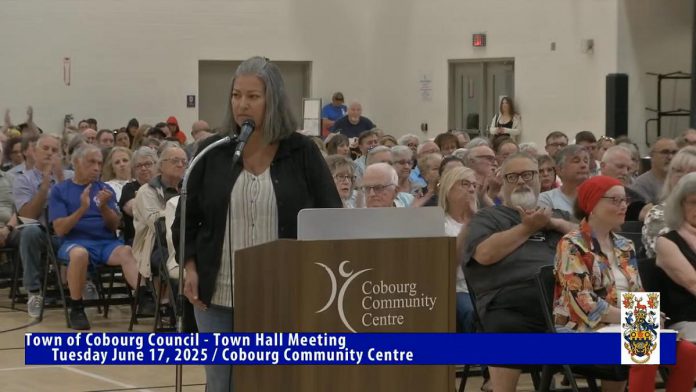The crowd at a town hall meeting at Cobourg Community Centre on June 17, 2025 applauds a resident expressing concerns with the emergency homeless shelter at 310 Division St. in Cobourg. (kawarthaNOW screenshot of Town of Cobourg video) The crowd at a town hall meeting at Cobourg Community Centre on June 17, 2025 applauds a resident expressing concerns with the emergency homeless shelter at 310 Division St. in Cobourg. (kawarthaNOW screenshot of Town of Cobourg video)