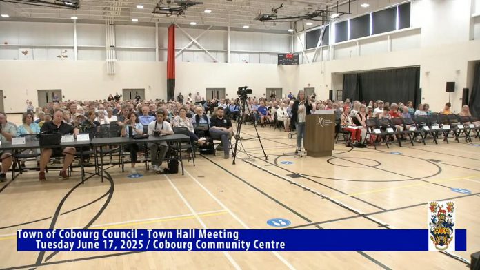 The crowd at a town hall meeting at Cobourg Community Centre on June 17, 2025 about the emergency homeless shelter at 310 Division St. in Cobourg on June 17, 2025. (kawarthaNOW screenshot of Town of Cobourg video)