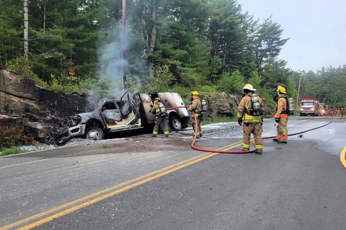 Fire crews extinguished a commercial vehicle carrying oxygen bottles after it left County Road 503 near Kinmount on June 17, 2025 and struck a rock cut, later catching on fire. (Photo: Peterborough County OPP) Fire crews extinguished a commercial vehicle carrying oxygen bottles after it left County Road 503 near Kinmount on June 17, 2025 and struck a rock cut, later catching on fire. (Photo: Peterborough County OPP)