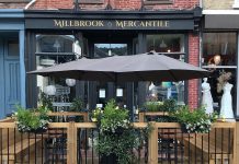 Millbrook Mercantile is a destination shop in the Township of Cavan Monaghan with more than 100 cheeses, meats, and boutique wines, as well as all-natural clothing, home decor, and art made from small businesses and artisans based locally, across Canada, and around the world. A menu of sandwiches, charcuteries, and salads use locally sourced produce, meats, and ingredients which can be enjoyed on a seasonal streetside patio. (Photo courtesy of Millbrook Mercantile)