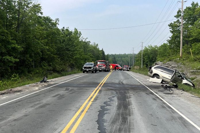 The scene of a serious multi-vehicle collison on County Road 36 between Edwina Drive and County Road 507 in Trent Lakes on June 6, 2025. (Photo: Peterborough County OPP) The scene of a serious multi-vehicle collison on County Road 36 between Edwina Drive and County Road 507 in Trent Lakes on June 6, 2025. (Photo: Peterborough County OPP)