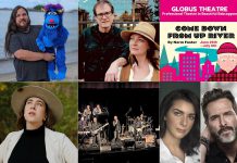 encoreNOW for June 16, 2025 features (from left to right, top and bottom) the Nogojiwanong Indigenous Fringe Festival with Songs from Gichi-Gamiing featuring Baabii & Friends among other shows at the Peterborough Theatre Guild, The Salt Cellars at Havelock Stone Hall, Globus Theatre's production of Norm Foster's "Come Down From Up River" in Bobcaygeon, Serena Ryder opening Peterborough Musicfest, Lighthouse at Westben in Campbellford, and Julia Scaringi and Jay Davis in the world premiere of "The Housekeeper" at 4th Line Theatre in Millbrook. (kawarthaNOW collage)