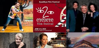 encoreNOW for June 2, 2025 features (from left to right, top and bottom) "Fireside Munsch" by M. John Kennedy at Peterborough's Jalynn Bennett Amphitheatre, Film Access Northumberland's Eye2Eye Film Festival at Cobourg's Concert Hall at Victoria Hall, LeRoy Anderson and Donna Ramsay of "The Tommy Hunter Show" with Whiskey Jack at Peterborough's Air Force Club, Tom Cochrane at Lindsay's Academy Theatre, "Waitress" at Port Hope's Capitol Theatre, and "The Wizard of Oz" at Campbellford's Westben. (kawarthaNOW collage)