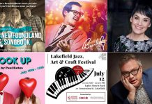 encoreNOW for June 30, 2025 features (from left to right, top and bottom) The Newfoundland Songbook at Port Hope's Capitol Theatre, "The Buddy Holly Story" at The Grove Theatre in Fenelon Falls, Susan Aglukark at Westben in Campbellford, "Hook Up" at Globus Theatre in Bobcaygeon, the Lakefield Jazz, Art and Craft Festival, and Steven Page at Peterborough Musicfest. (kawarthaNOW collage)