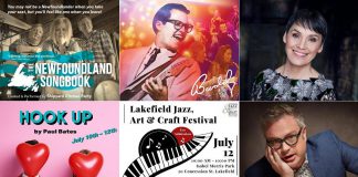encoreNOW for June 30, 2025 features (from left to right, top and bottom) The Newfoundland Songbook at Port Hope's Capitol Theatre, "The Buddy Holly Story" at The Grove Theatre in Fenelon Falls, Susan Aglukark at Westben in Campbellford, "Hook Up" at Globus Theatre in Bobcaygeon, the Lakefield Jazz, Art and Craft Festival, and Steven Page at Peterborough Musicfest. (kawarthaNOW collage)