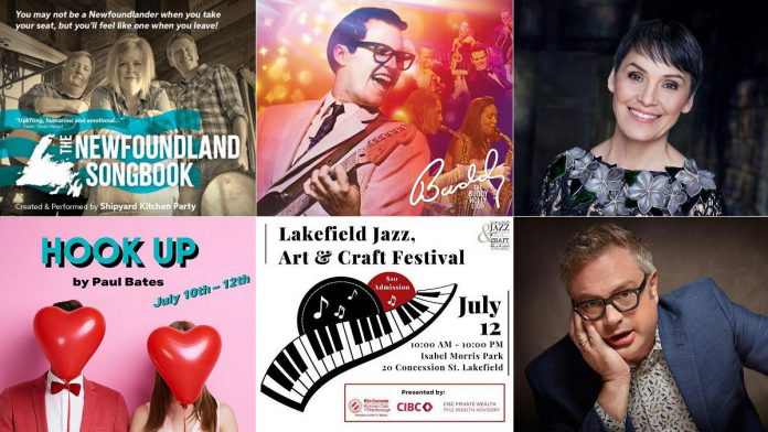 encoreNOW for June 30, 2025 features (from left to right, top and bottom) The Newfoundland Songbook at Port Hope's Capitol Theatre, "The Buddy Holly Story" at The Grove Theatre in Fenelon Falls, Susan Aglukark at Westben in Campbellford, "Hook Up" at Globus Theatre in Bobcaygeon, the Lakefield Jazz, Art and Craft Festival, and Steven Page at Peterborough Musicfest. (kawarthaNOW collage) encoreNOW for June 30, 2025 features (from left to right, top and bottom) The Newfoundland Songbook at Port Hope's Capitol Theatre, "The Buddy Holly Story" at The Grove Theatre in Fenelon Falls, Susan Aglukark at Westben in Campbellford, "Hook Up" at Globus Theatre in Bobcaygeon, the Lakefield Jazz, Art and Craft Festival, and Steven Page at Peterborough Musicfest. (kawarthaNOW collage)