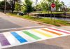 The first-ever Pride-coloured crosswalk in Fenelon Falls has been installed at the intersection of May and Water streets, an initiative of the City of Kawartha Lakes, the Fenelon Falls & District Chamber of Commerce, community residents, and local businesses and organizations. (Photo: Julia Taylor / Facebook)