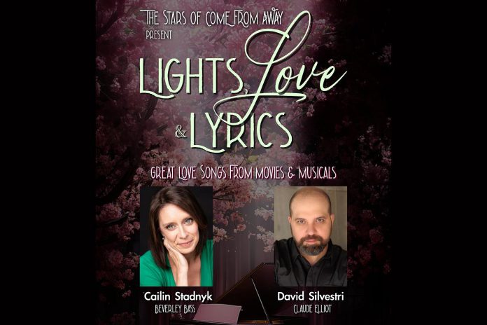 Cailin Stadnyk and David Sylvestri, who starred in the extended run of the award-winning global sensation "Come From Away" at Toronto's Royal Alexandra Theatre, are bringing their cabaret show "Lights, Love and Lyrics" to Globus Theatre in Bobcaygeon for one night only on June 14, 2025. The tribute to the great love songs of movies and musicals is produced by their "Come From Away" co-star Lisa Horner and also features "Come from Away" pianist Richard Evans and bassist Jon Maharaj. (Graphic: Globus Theatre) Cailin Stadnyk and David Sylvestri, who starred in the extended run of the award-winning global sensation "Come From Away" at Toronto's Royal Alexandra Theatre, are bringing their cabaret show "Lights, Love and Lyrics" to Globus Theatre in Bobcaygeon for one night only on June 14, 2025. The tribute to the great love songs of movies and musicals is produced by their "Come From Away" co-star Lisa Horner and also features "Come from Away" pianist Richard Evans and bassist Jon Maharaj. (Graphic: Globus Theatre)