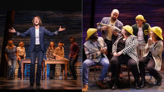 Cailin Stadnyk as American Airlines pilot Barbara Bass in the Toronto production of "Come From Away" and David Sylvestri (holding the fish) as Gander mayor Claude Elliot in the Australia production, a role he also played in the Toronto production. (Photos: Matthew Murphy and Keegan Carroll)