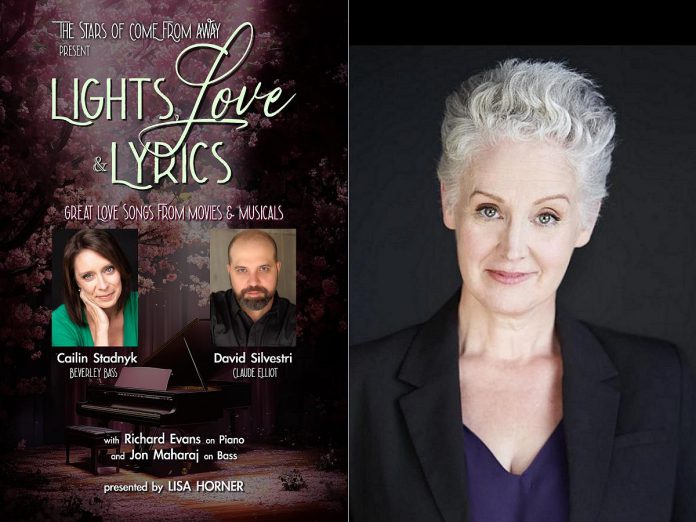 "Lights, Love and Lyrics" featuring "Come from Away" stars Cailin Stadnyk and David Sylvestri, along with Richard Evans on piano and Jon Maharaj on bass, is presented by "Come from Away" star Lisa Horne (right) for one night only at Globus Theatre in Bobcaygeon on June 14, 2025. (Graphic: Globus Theatre, with publicity photo)