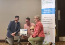 Globally, communities, countries and businesses are committing to necessary net zero emissions reduction by 2050 or sooner. At GreenUP Green Economy Peterborough's 2025 Leadership in Sustainability Awards on June 12, Engage Engineering joined Peterborough-area leaders Woodleigh Farms, Unity Design Studio, and Wild Rock Outfitters in committing to following the global lead. Many of these businesses are already carbon neutral through recent reductions and the purchasing of offsets. Pictured here is Paul Hurley of Engage Engineering, which received recognition for their recent commitment to become Net Zero. (Photo: Hayley Goodchild / GreenUP)
