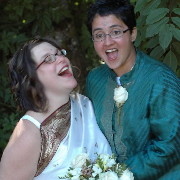 The wedding between Sheena Howard and Vanita Lokanathan in 2006 on the Haida Gwaii islands of British Columbia was a full community celebration with even tourists in attendance. The couple say that, as well-known healthcare professionals in the community, they felt it their privilege to be able to come "out" and get married in a public celebration. (Photo courtesy of Sheena Howard and Vanita Lokanathan)
