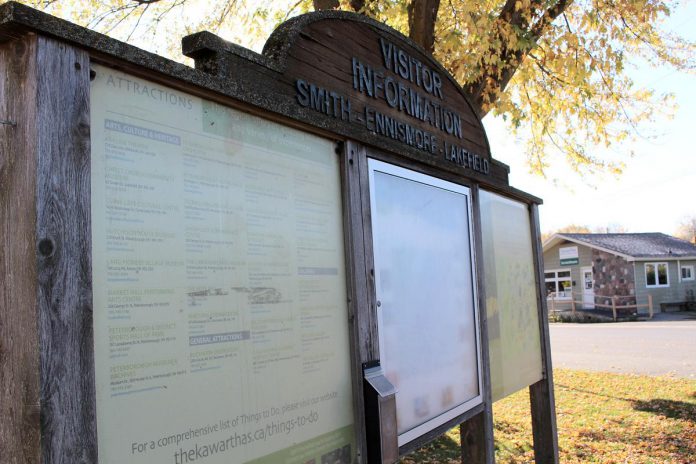 In summer 2025, the Township of Selwyn will be revitalizing this aging visitor information kiosk in Lakefield's Cenotaph Park, as well as kiosks in Bridgenorth and Ennismore, with updated branding and maps, improved accessibility, modern and weather-resident materials, and visually engaging layouts showcasing local points of interest, services, and annual events. (Photo: Selwyn Township) In summer 2025, the Township of Selwyn will be revitalizing this aging visitor information kiosk in Lakefield's Cenotaph Park, as well as kiosks in Bridgenorth and Ennismore, with updated branding and maps, improved accessibility, modern and weather-resident materials, and visually engaging layouts showcasing local points of interest, services, and annual events. (Photo: Selwyn Township)