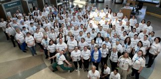 Team members of Ross Memorial Hospital (RMH) and the RMH Foundation gathered in the Lindsay hospital's main lobby in support of the $25-million "We Are The Ross" capital campaign, which was officially launched on June 19, 2025. (Photo: RMH Foundation)