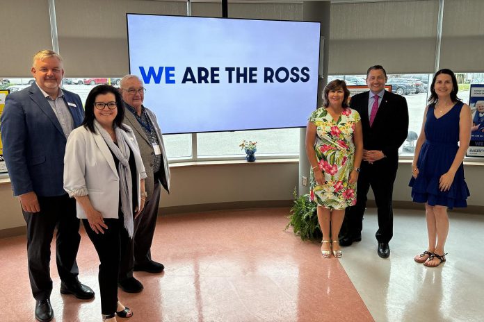 On June 19, 2025, the Ross Memorial Hospital (RMH) Foundation officially launched the $25-million "We Are The Ross" capital campaign. Pictured (left to right) are campaign chair Tim Shauf, RMH Foundation CEO Erin Coons, Kawartha Lakes Mayor Doug Elmslie, RMH Foundation board chair Mona Malcolm Sharman, Haliburton-Kawartha Lakes MP Jamie Schmale, and grateful patient Kate Winn. (Photo: RMH Foundation)