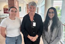 Cobourg post-secondary students Reagan Lalande (left) and Aishwarya Rajesh Krishnan (right) with Northumberland Hills Hospital's board chair Cyndi Gilmer following the presentation of their Health Professions Scholarship awards on June 5, 2025. Each student has received $1,500 towards their healthcare education. (Photo: Northumberland Hills Hospital)