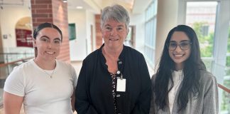 Cobourg post-secondary students Reagan Lalande (left) and Aishwarya Rajesh Krishnan (right) with Northumberland Hills Hospital's board chair Cyndi Gilmer following the presentation of their Health Professions Scholarship awards on June 5, 2025. Each student has received $1,500 towards their healthcare education. (Photo: Northumberland Hills Hospital)