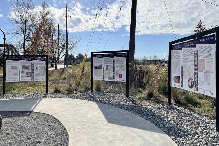 Installed in 2019, these three interpretive panels are part of the Nogojiwanong Project in Millennium Park in downtown Peterborough. On June 3, 2025, the panels were defaced with graffiti that included racist remarks, which community members quickly removed. The City of Peterborough will be hosting an in-person healing circle at the site from 2 to 4 p.m. on Tuesday, June 17, along with a virtual healing circle. (Photo: City of Peterborough) Installed in 2019, these three interpretive panels are part of the Nogojiwanong Project in Millennium Park in downtown Peterborough. On June 3, 2025, the panels were defaced with graffiti that included racist remarks, which community members quickly removed. The City of Peterborough will be hosting an in-person healing circle at the site from 2 to 4 p.m. on Tuesday, June 17, along with a virtual healing circle. (Photo: City of Peterborough)