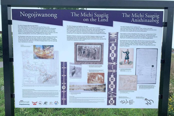One of the three interpretive panels that are part of the Nogojiwanong Project in Millennium Park in downtown Peterborough. In collaboration with local First Nations and Indigenous peoples, the City of Peterborough installed the panels in 2019 in recognition of the 200th anniversary of Rice Lake Treaty No. 20 and the presence of the Williams Treaties First Nations in the region. (Photo: City of Peterborough)
