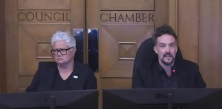 Peterborough city councillors Joy Lachica and Alex Bierk during a city council meeting on June 9, 2025 when council voted 6-4 in favour of not imposing a penalty on Mayor Jeff Leal for breaching council's code of conduct after the City of Peterborough's integrity commissioner issued a report that found the mayor had intimidated Bierk and bullied Lachica in relation to council discussions about the controversial Bonnerworth Park redevelopment in April 2024. (kawarthaNOW screenshot of City of Peterborough video)