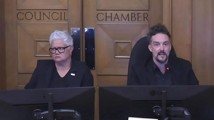 Peterborough city councillors Joy Lachica and Alex Bierk during a city council meeting on June 9, 2025 when council voted 6-4 in favour of not imposing a penalty on Mayor Jeff Leal for breaching council's code of conduct after the City of Peterborough's integrity commissioner issued a report that found the mayor had intimidated Bierk and bullied Lachica in relation to council discussions about the controversial Bonnerworth Park redevelopment in April 2024. (kawarthaNOW screenshot of City of Peterborough video) Peterborough city councillors Joy Lachica and Alex Bierk during a city council meeting on June 9, 2025 when council voted 6-4 in favour of not imposing a penalty on Mayor Jeff Leal for breaching council's code of conduct after the City of Peterborough's integrity commissioner issued a report that found the mayor had intimidated Bierk and bullied Lachica in relation to council discussions about the controversial Bonnerworth Park redevelopment in April 2024. (kawarthaNOW screenshot of City of Peterborough video)