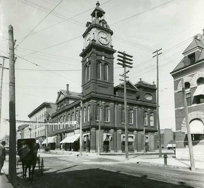Now a performing arts centre, Market Hall in downtown Peterborough was originally built as the new home for the Peterborough Farmers' Market, replacing the much smaller location the market had been operating out of in Peterborough's first town hall after it was constructed on Water Street in 1851. Mayor James Stevenson laid the cornerstone of the Market Hall in the fall of 1889 and it officially opened in 1890, remaining the home of the market until the mid 20th century. (Photo courtesy of Market Hall Performing Arts Centre)