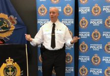 Chief Stuart Betts explains the Peterborough Police Service's new 'Safer Public Spaces' approach to the open-air use of illicit drugs in public spaces in the community at a media conference at the Peterborough police station on October 5, 2023. (kawarthaNOW screenshot of police video)