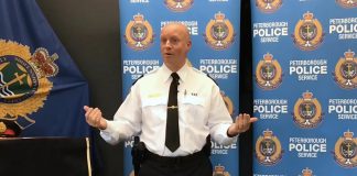 Chief Stuart Betts explains the Peterborough Police Service's new 'Safer Public Spaces' approach to the open-air use of illicit drugs in public spaces in the community at a media conference at the Peterborough police station on October 5, 2023. (kawarthaNOW screenshot of police video)