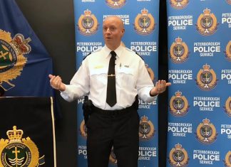 Peterborough police chief expects ‘heavy enforcement’ against open-air drug use after CTS closure Chief Stuart Betts explains the Peterborough Police Service's new 'Safer Public Spaces' approach to the open-air use of illicit drugs in public spaces in the community at a media conference at the Peterborough police station on October 5, 2023. (kawarthaNOW screenshot of police video)