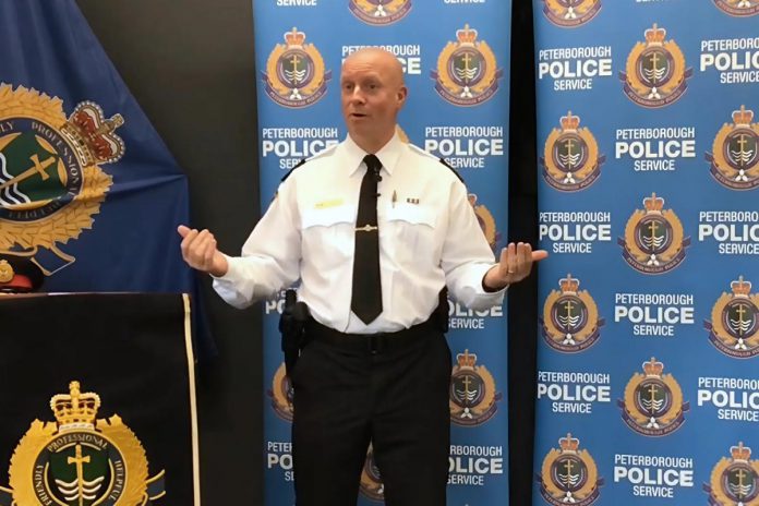 Chief Stuart Betts explains the Peterborough Police Service's new 'Safer Public Spaces' approach to the open-air use of illicit drugs in public spaces in the community at a media conference at the Peterborough police station on October 5, 2023. (kawarthaNOW screenshot of police video)